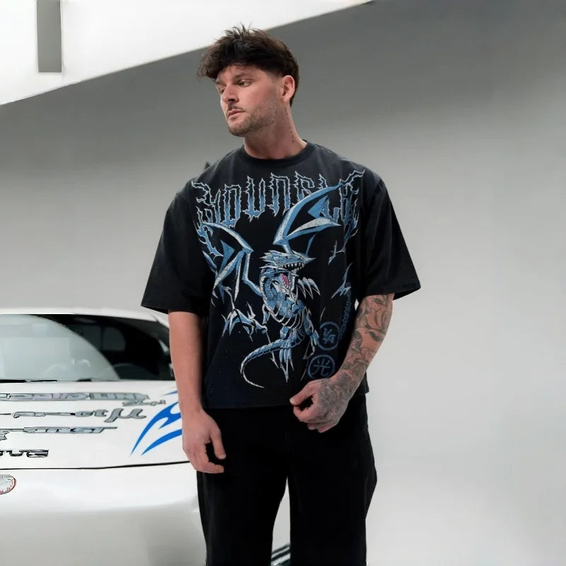 Men Black Oversized T Shirt Blue Skeleton Dragon Gothic Letter Print Loose Fit O Neck Short Sleeve Y2K Punk Streetwear Casual Te
