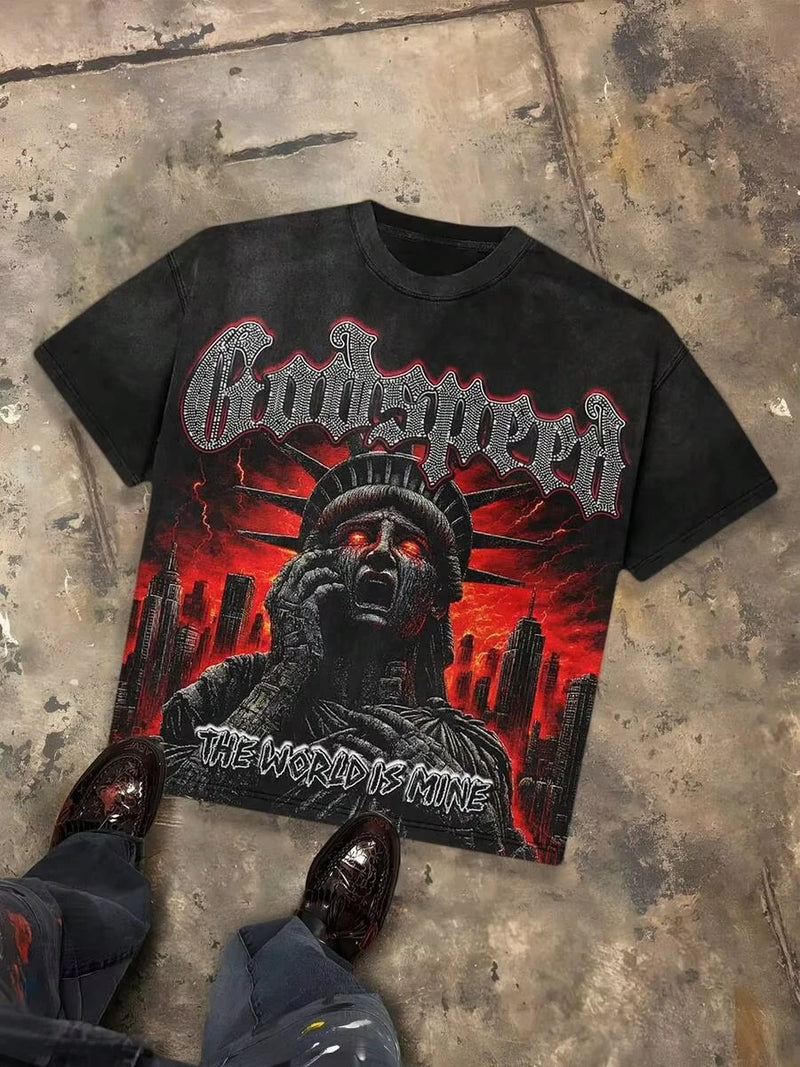 Godspeed The World Is Mine Apocalyptic Liberty Distressed Oversized Graphic Tee Men's Short Sleeve