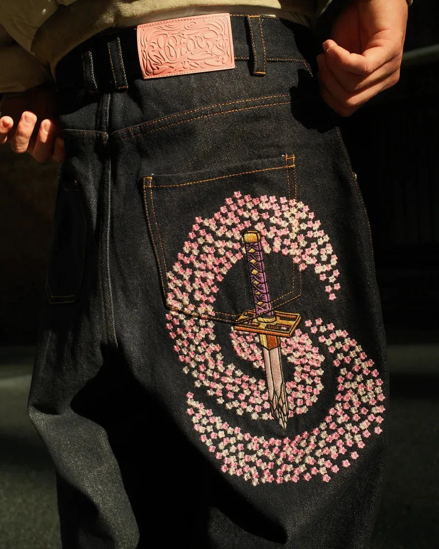 Y2k Men Jeans Samurai Sword Cherry Blossom