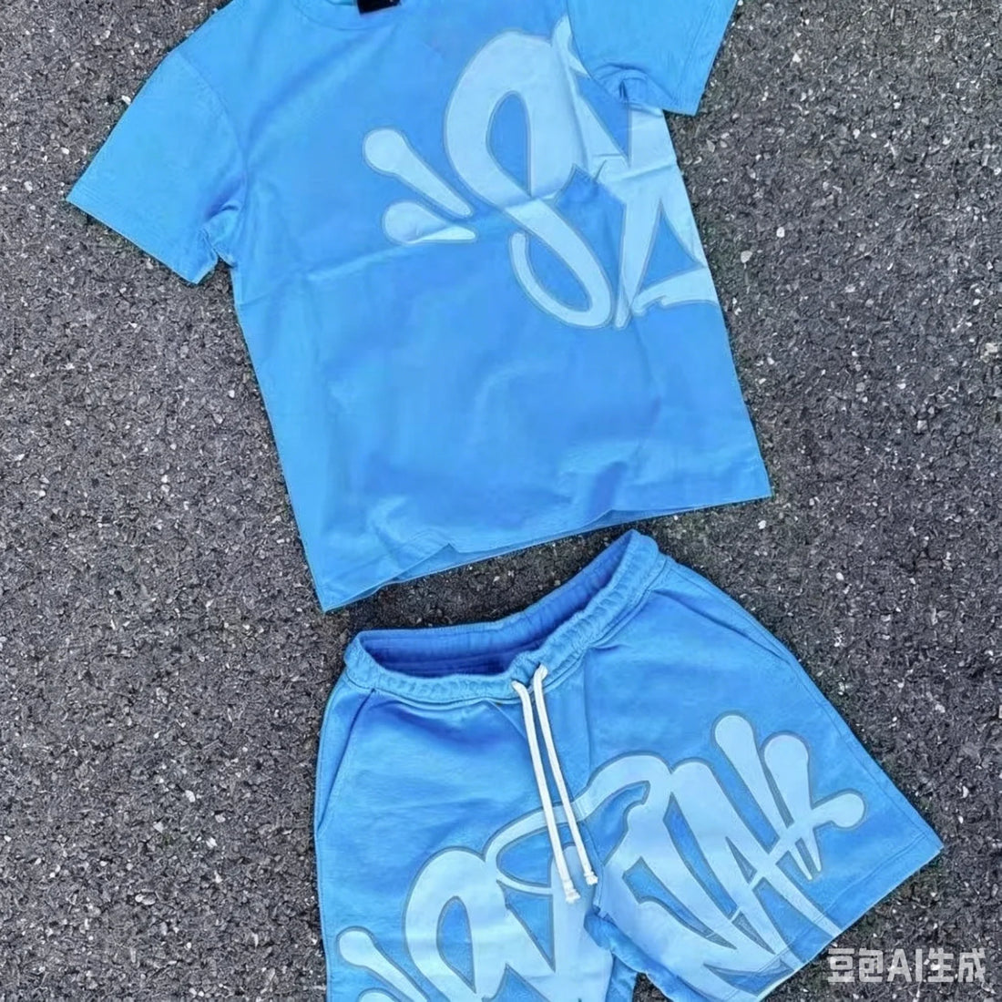 Men's Light Blue Graffiti Print Quick Drying Short Set T-Shirt & Shorts with Spray-Paint Style Logo Streetwear Tracksuit  Summer