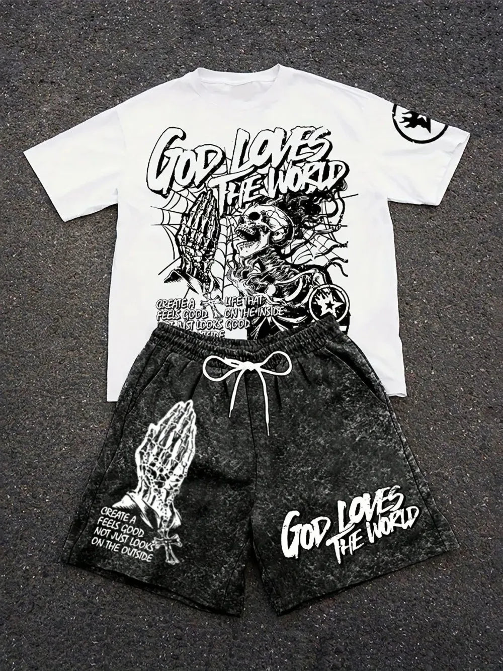 Men's summer new skull letter print comfortable and breathable round neck T-shirt drawstring shorts set outdoor streetwear