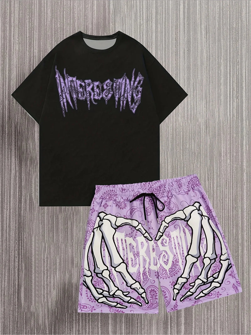 2026 New Fashion Graffiti Print Set Y2K Quick-Dry Sports Fitness T-Shirt & Drawstring Shorts Streetwear Casual Men's Set
