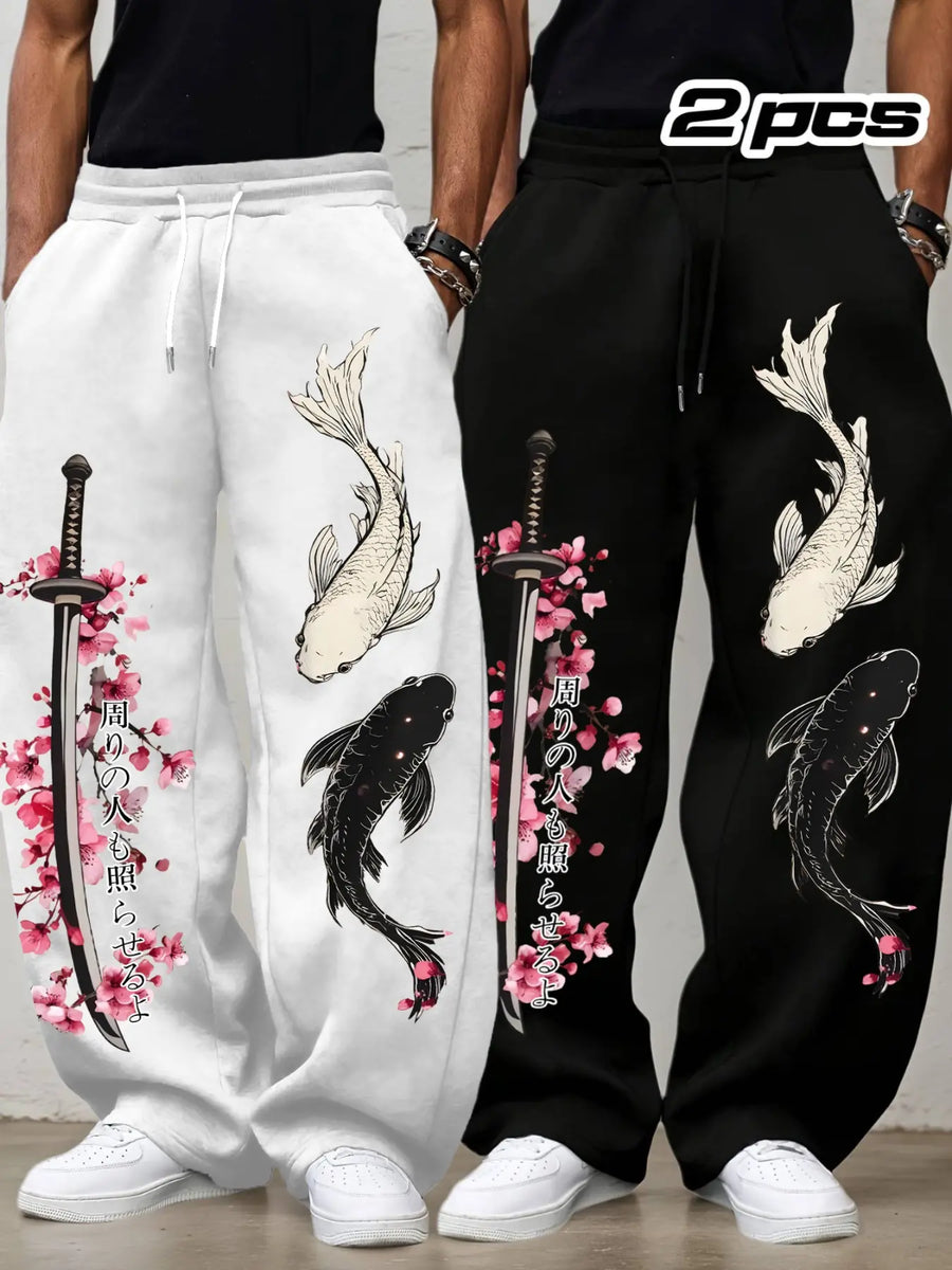 Viral 2-Pack Men'S Oversized Loose Fit Sweatpants, Japanese Koi Fish, Katana & Cherry Blossom Print Joggers, Samurai Streetwear Casual Wide Leg Trousers, Autumn Casual Pants for Men